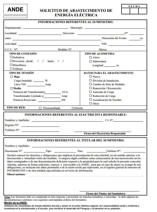 Documentos y requisitos para medidor ANDE